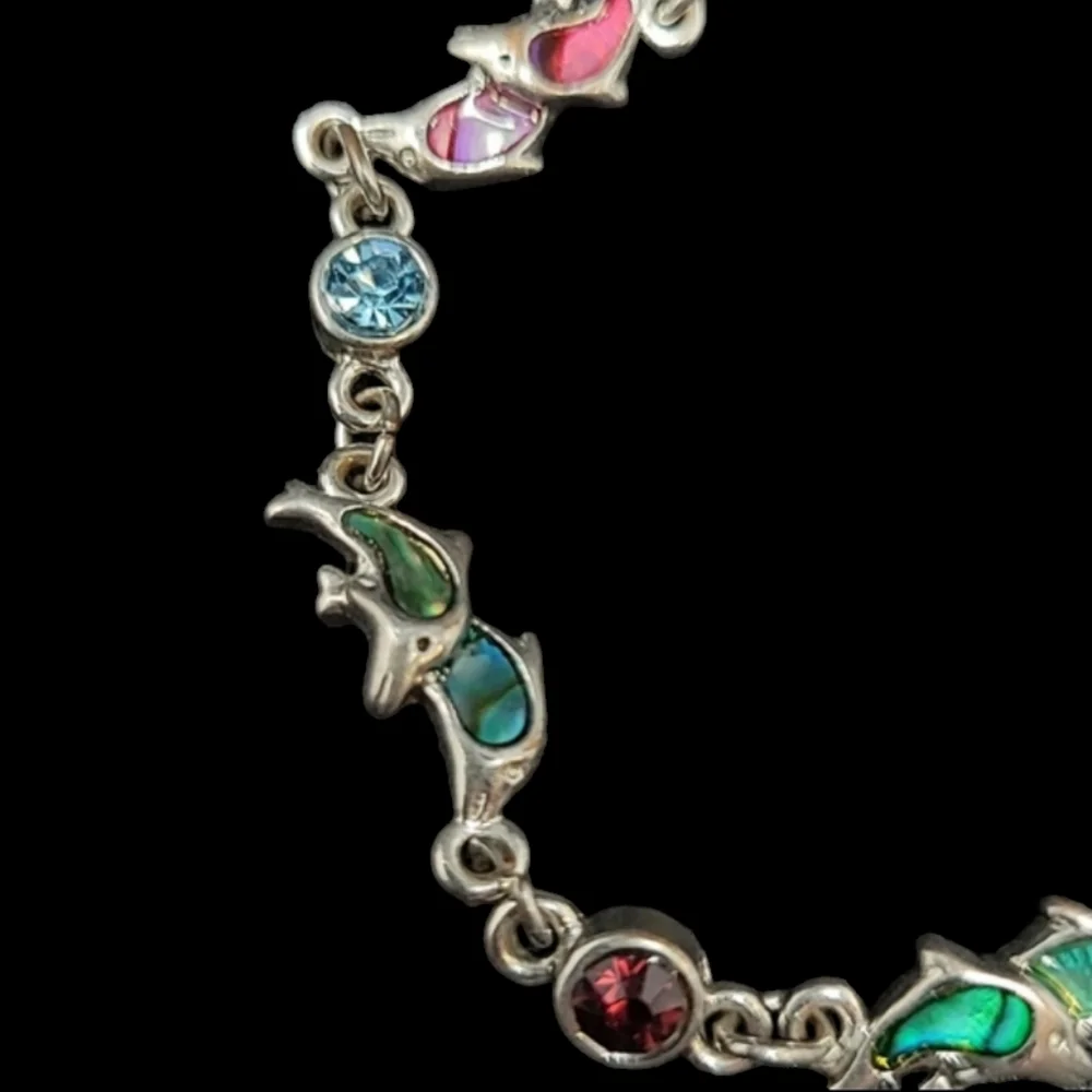 MULTI COLORED IRIDESCENT ENAMEL DOLPHIN LINK SILVER TONE BRACELET