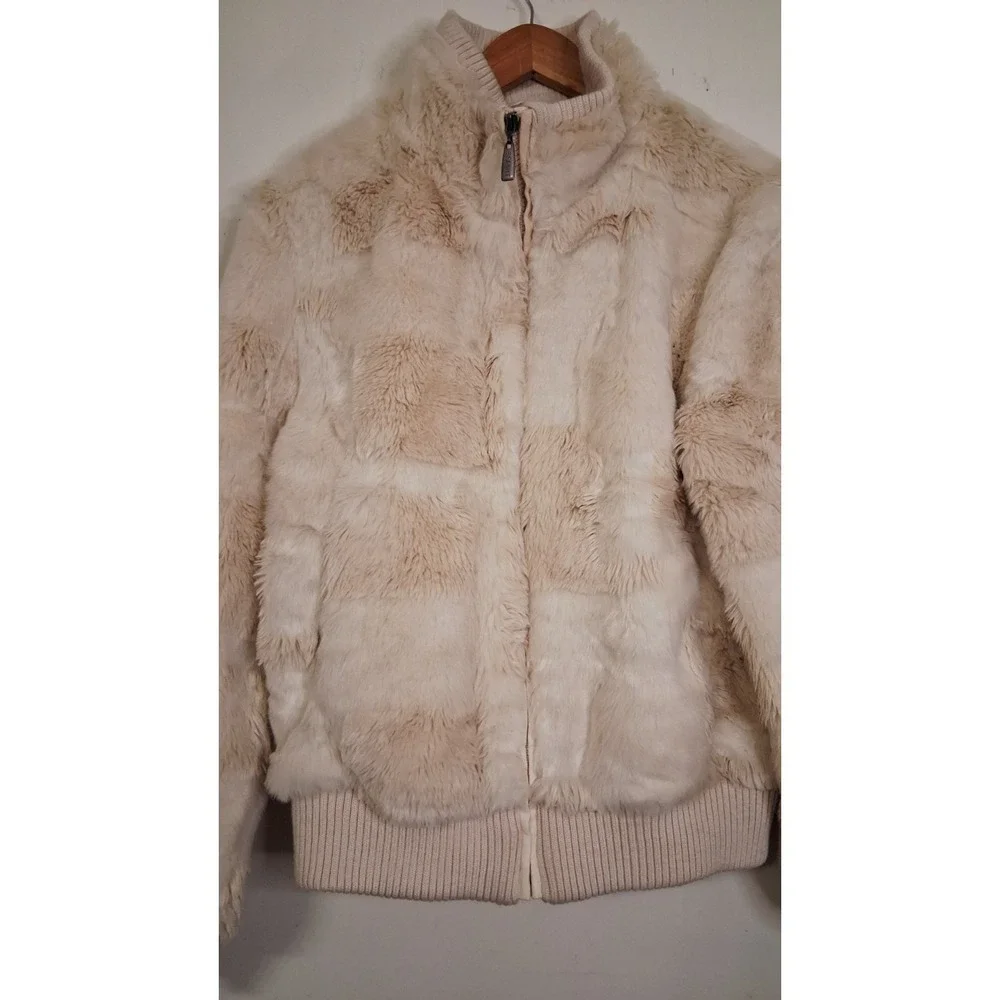 Vintages 90s Y2K Faux Fur Jacket Patchwork Cream Ivory Winter Coat Full Zip Glam
