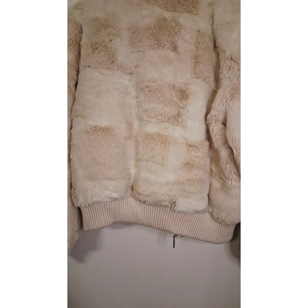 Vintages 90s Y2K Faux Fur Jacket Patchwork Cream Ivory Winter Coat Full Zip Glam