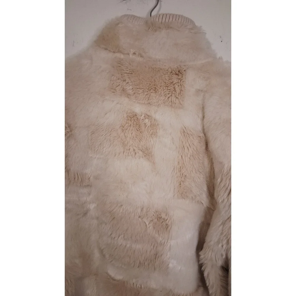 Vintages 90s Y2K Faux Fur Jacket Patchwork Cream Ivory Winter Coat Full Zip Glam