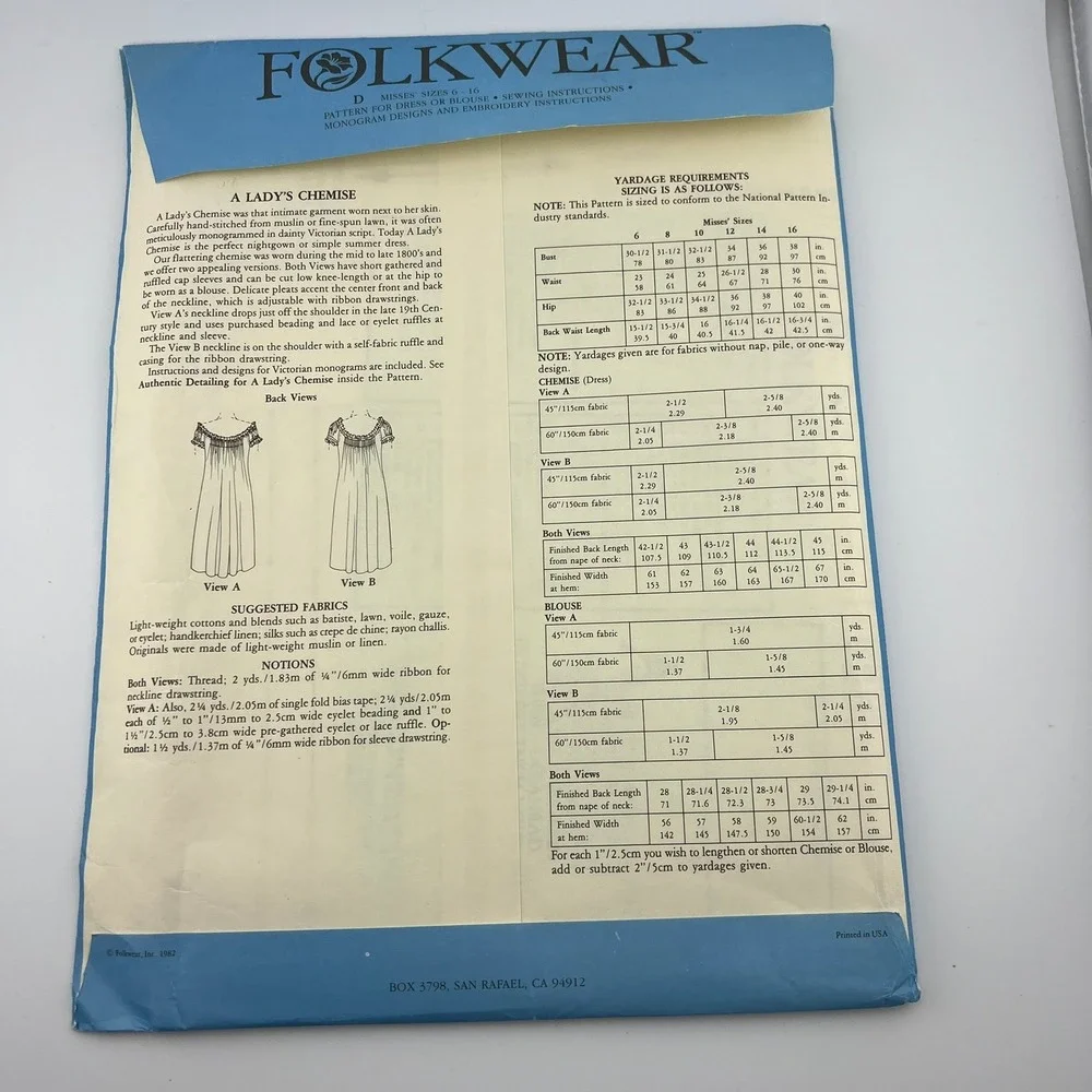 Folkwear 223 A Lady's Chemise Sewing Pattern Misses 6–16 Vintage 1982