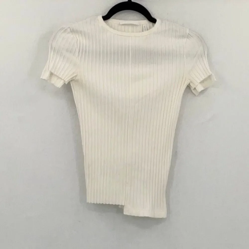 Helmut Lang Ivory Ribbed Uneven Hem Pima Cotton Blend Short Sleeve Knit Top XS