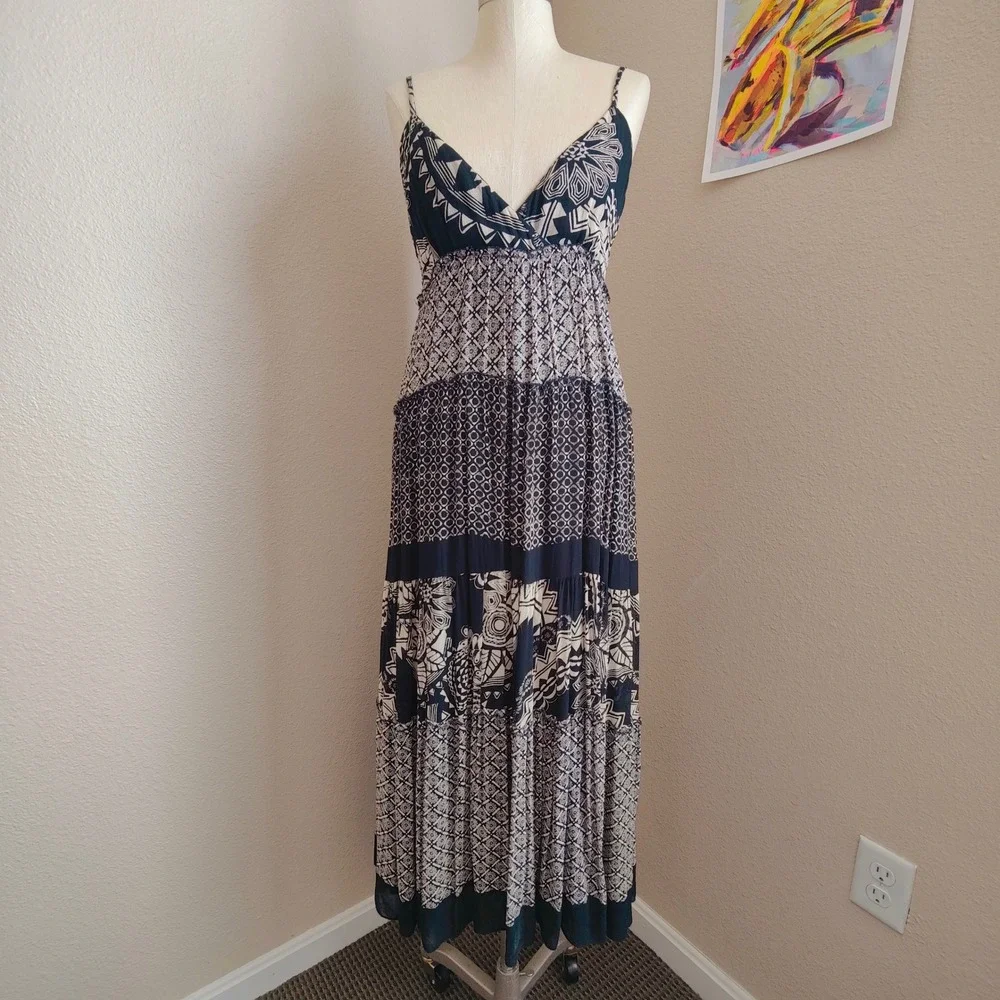 Temptation Boho Patchwork Maxi Dress Black Empire Tiered Spaghetti Strap Rayon M