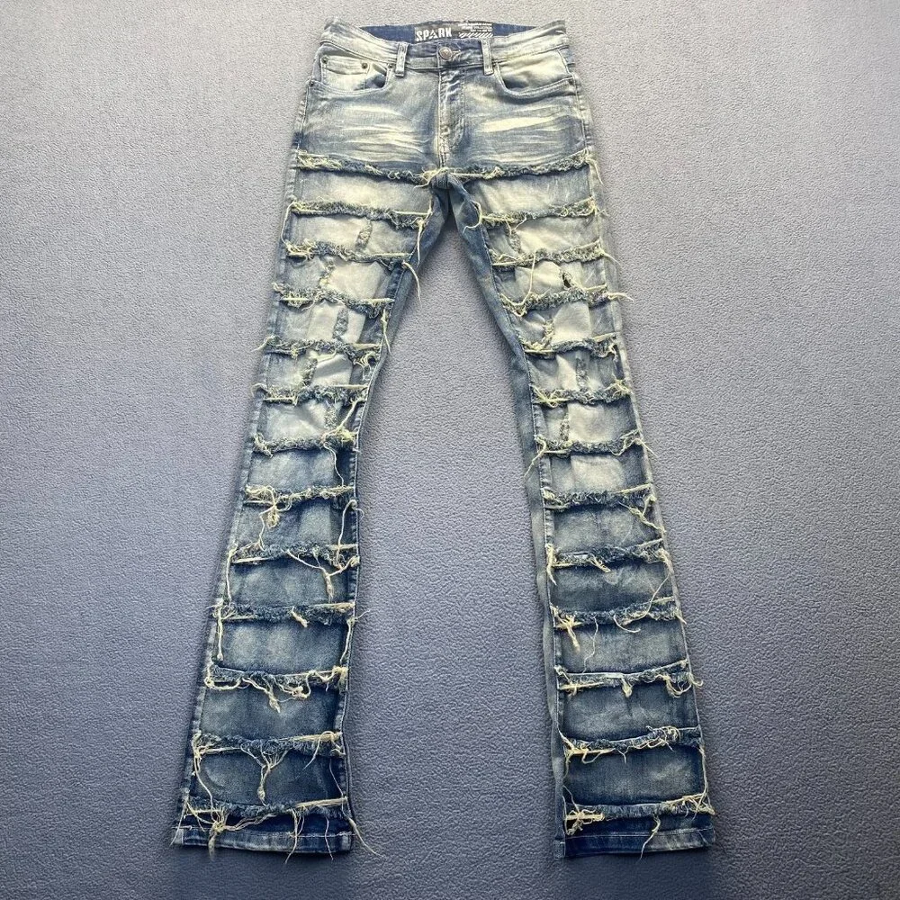 SPARK PREMIUM 29X38 Stretch Ripped Distressed Flare‎ Fit Stacked Denim Jeans