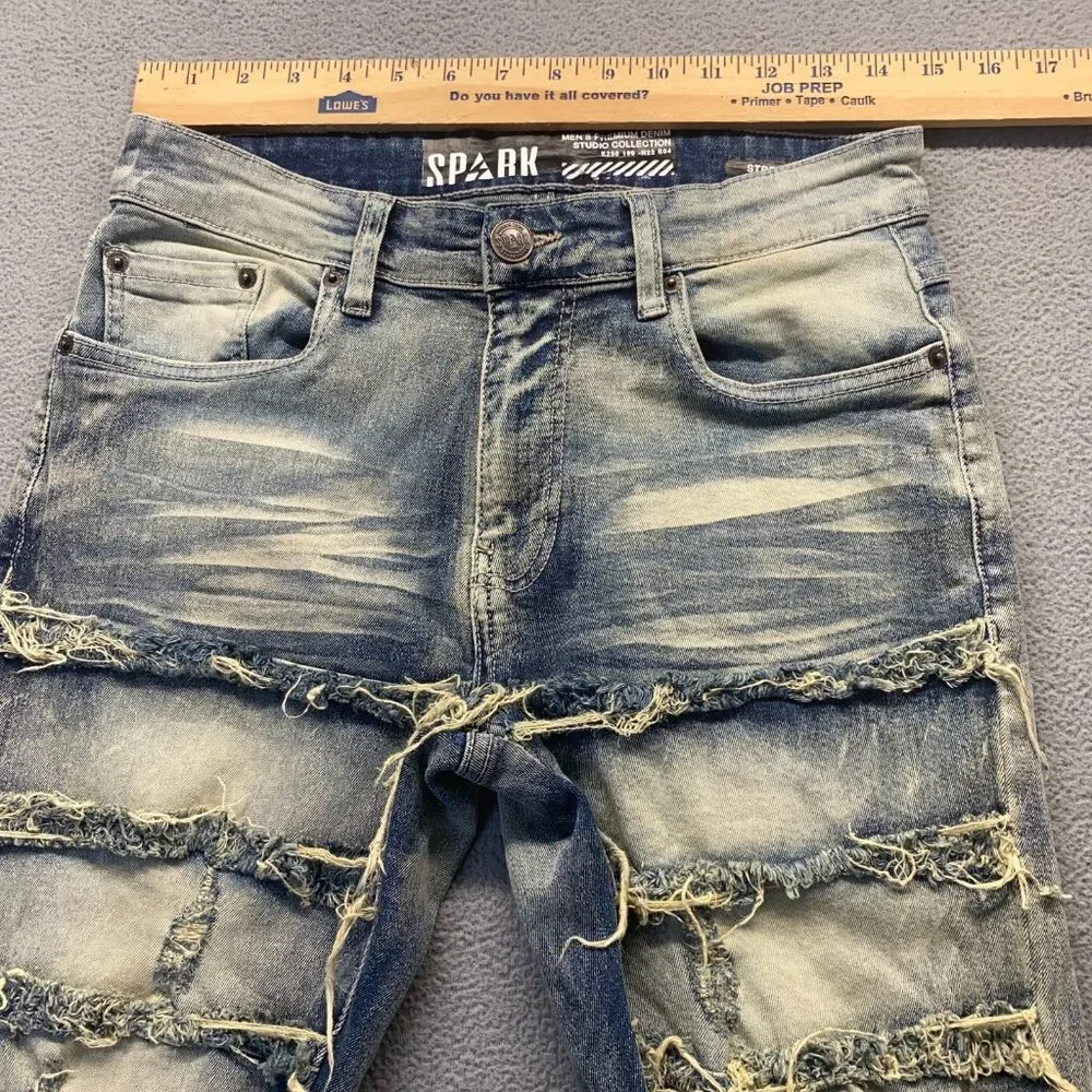 SPARK PREMIUM 29X38 Stretch Ripped Distressed Flare‎ Fit Stacked Denim Jeans