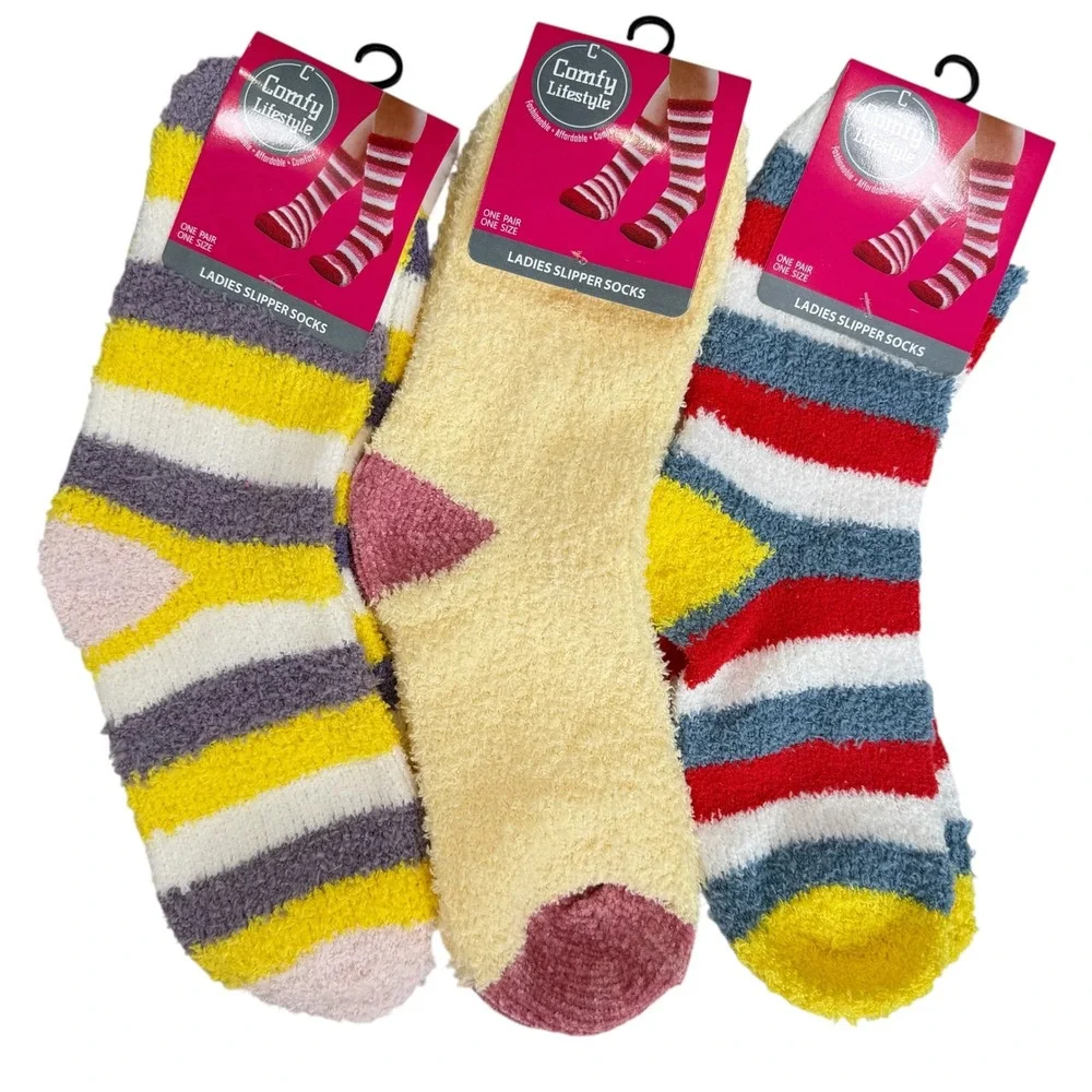 NEW Womens Fuzzy Slipper Socks One Size 3 Pack Multicolor Cozy Comfy Loungewear