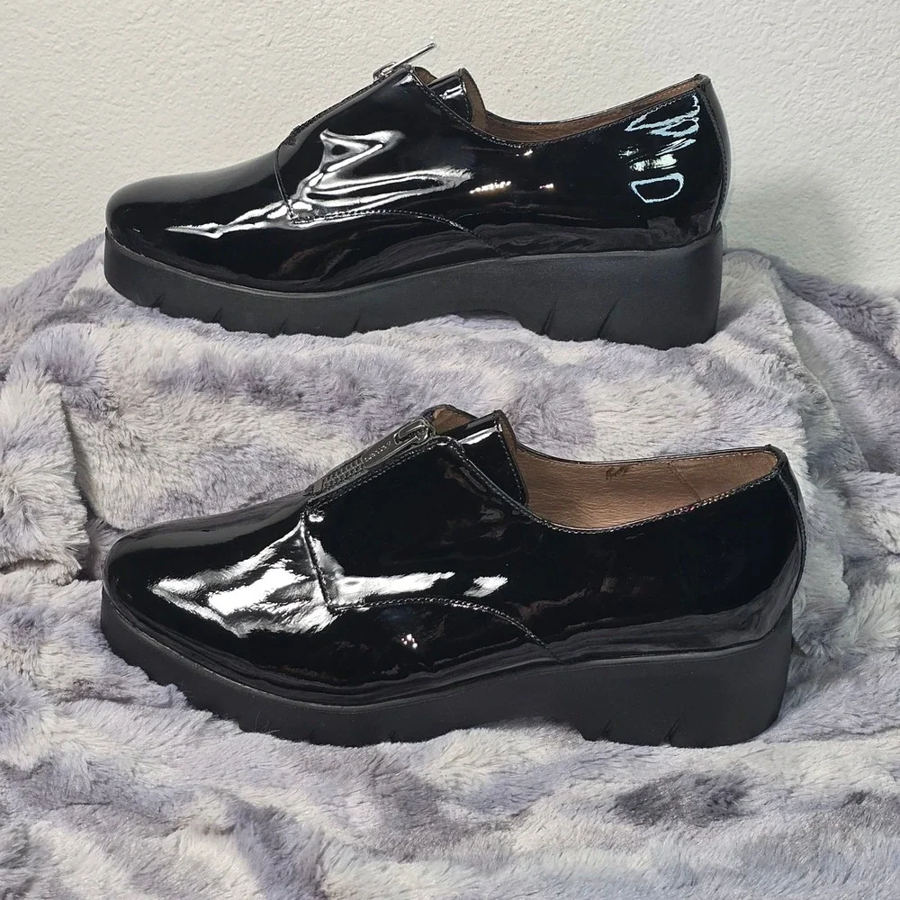 NEW Wonders Flex Fly Black Leather Zip Front Platform Loafers C-4704 EU 42 US 11