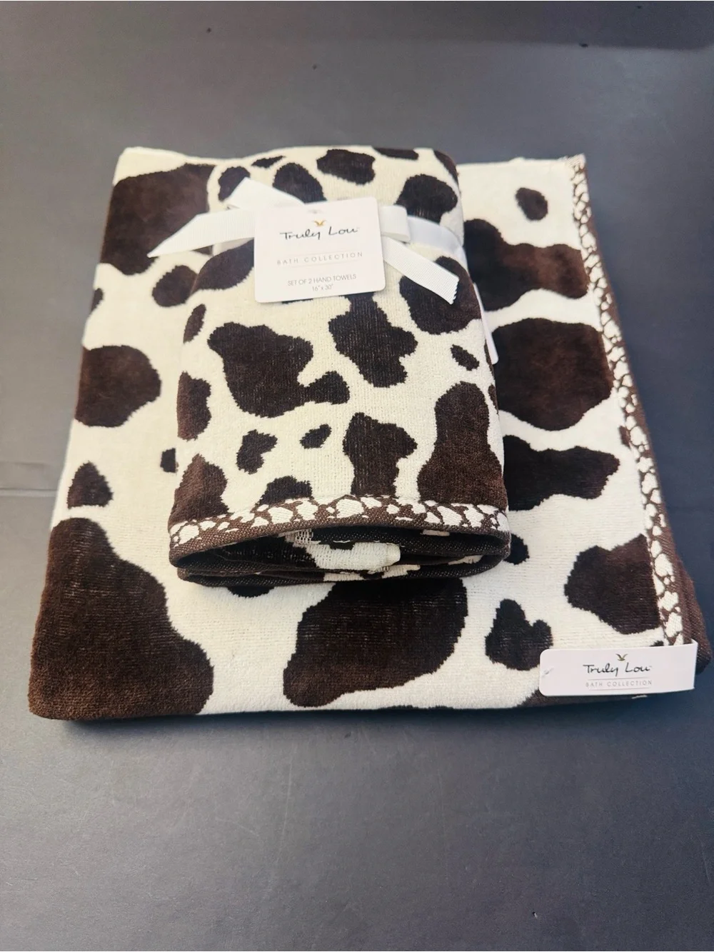 3pc TRULY LOU Bath Towel Set - Cotton Velour - Cow Print -Hot Fudge-Br/OffWhite