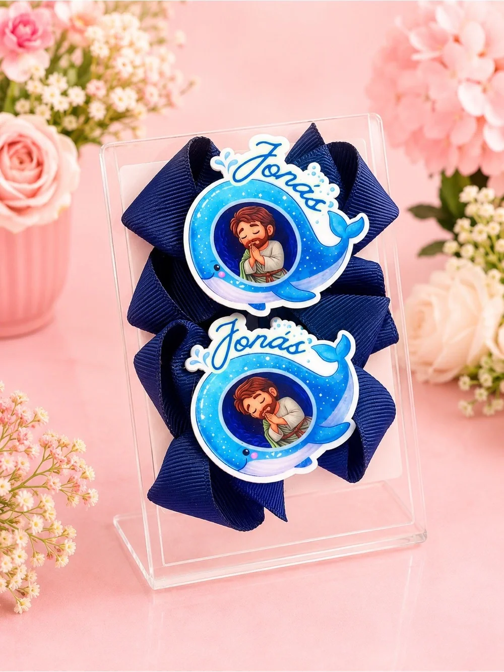 Personalized Jonah Whale 3” Boutique Hair Bow Set | Navy Blue Hair Bows