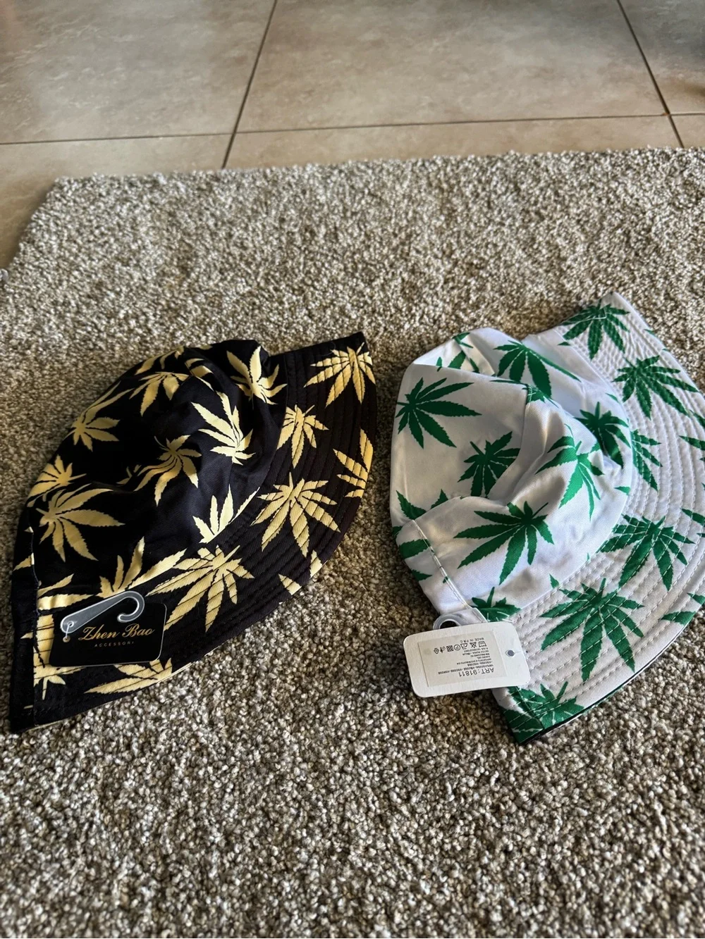 Leaf Print Bucket Hats - Black/Gold & White/Green (2 Pack)