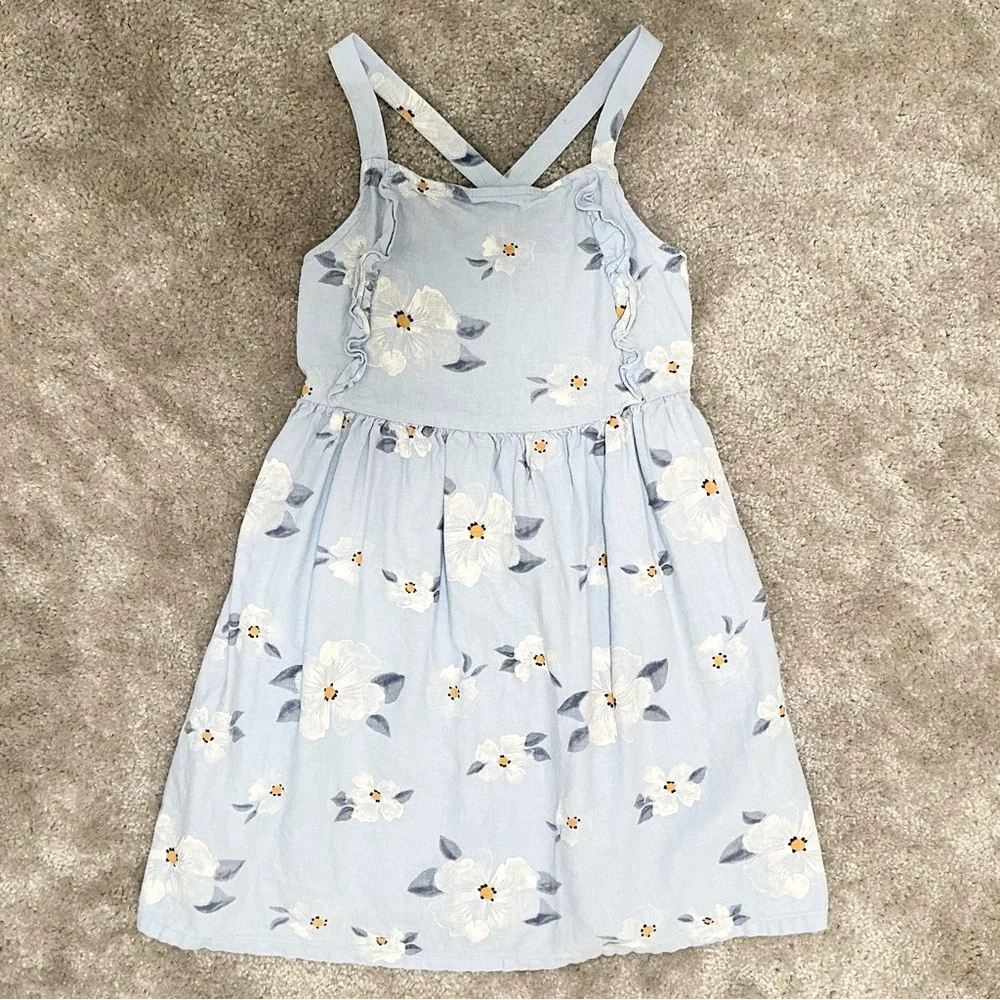Carter's Light Blue Floral Linen Dress Girls size 7 White Flowers Cris Cross