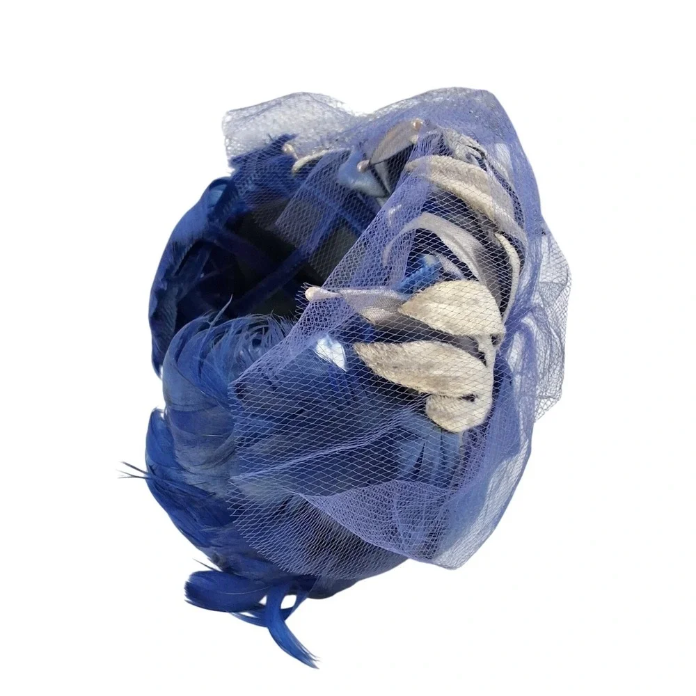 Vintage Royal Blue Feather Fascinator Hat Veiling‎ Silver Petals 1950s Style