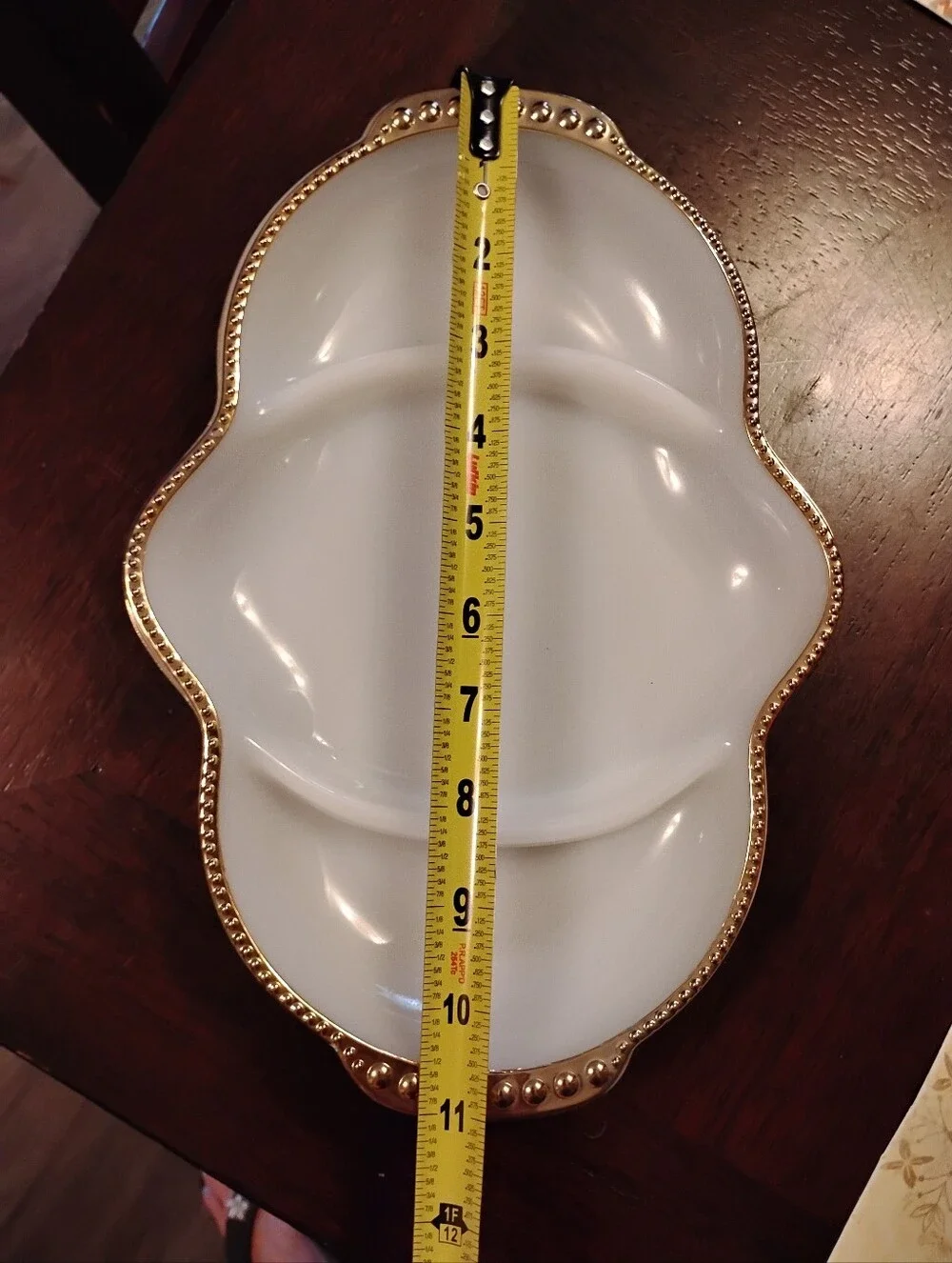 Vintage White Anchor Hocking Fire King Milk Glass Divided Relish Dish Gold Trim