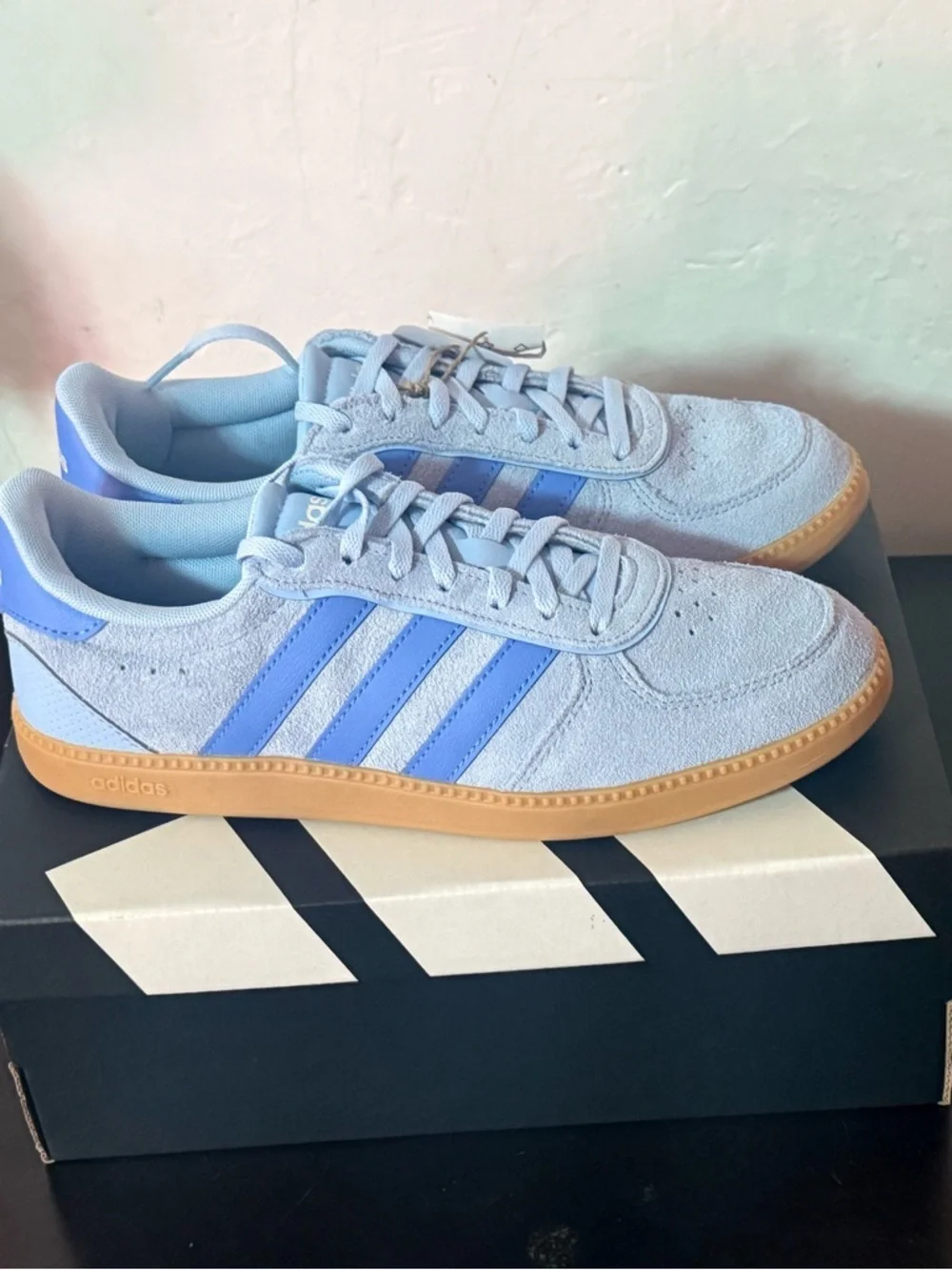 adidas Originals Light Blue Suede Sneakers with Blue Stripes and Gum Sole
