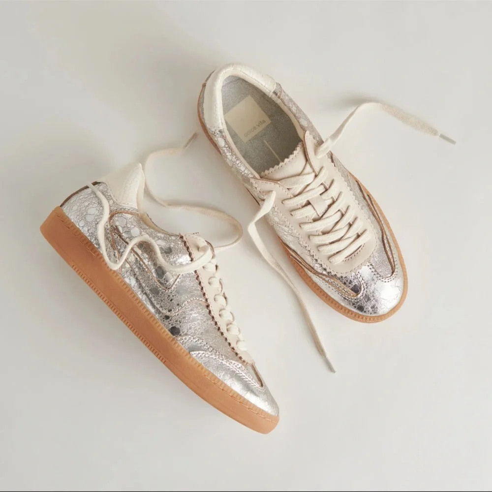 Dolce Vita Metallic Silver and Cream Low-Top Sneakers