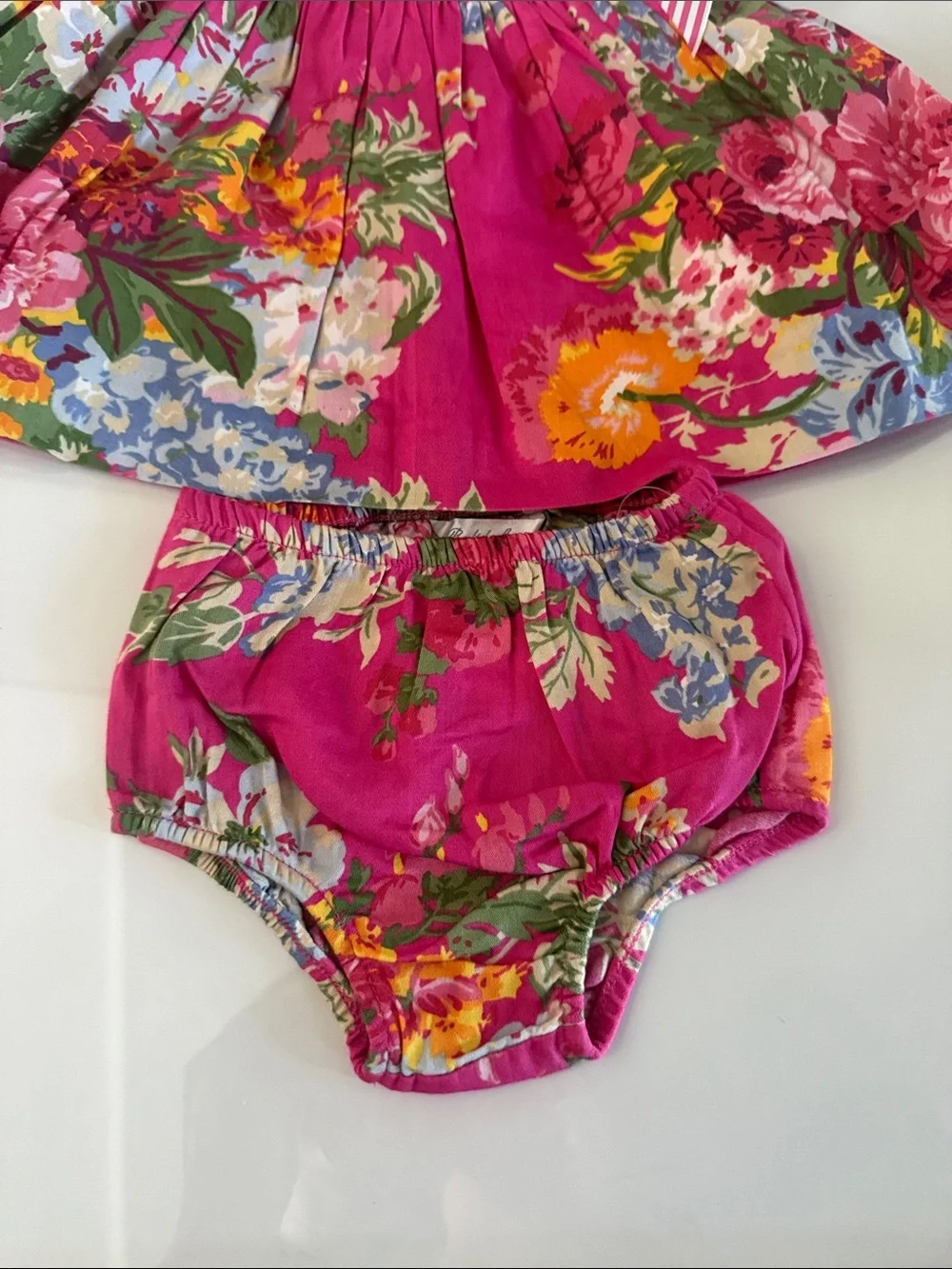 Ralph Lauren Hot Pink Floral Dress with Striped Bow and Bloomers