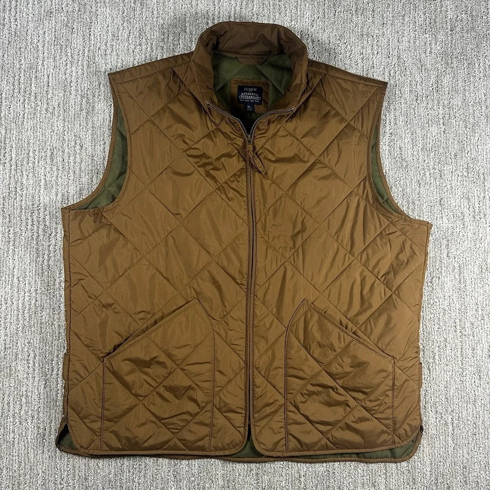 J.Crew Quilted Vest XL Brown Mens Full Zip Diamond‎ Stitch Pockets Lightweight