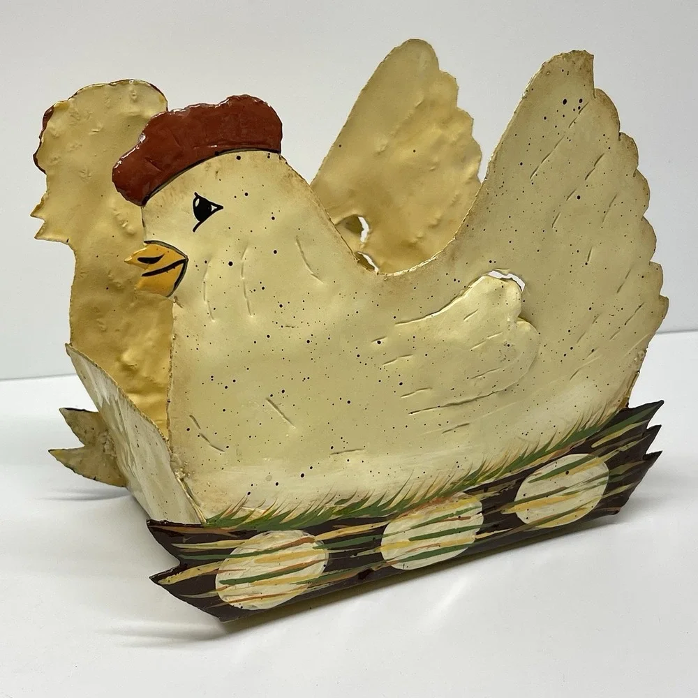 Hen On Nest Painted Metal Nesting Egg Basket Planter Country Core Farmhouse‎ Vtg