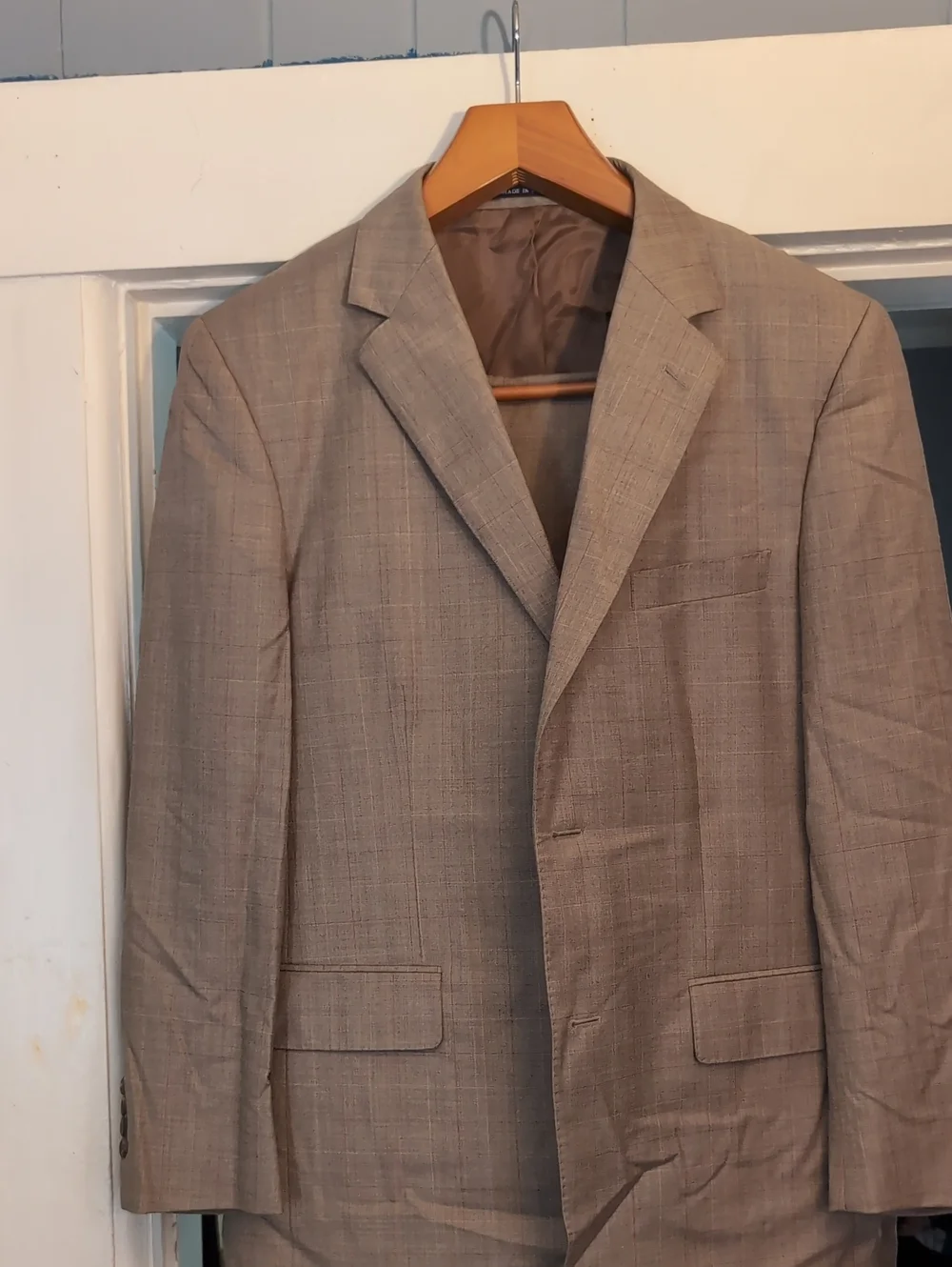 Lands End E.Thomas Super 130s Wool Suit 41R 36R Tan Plaid Italy Fabric Portugal