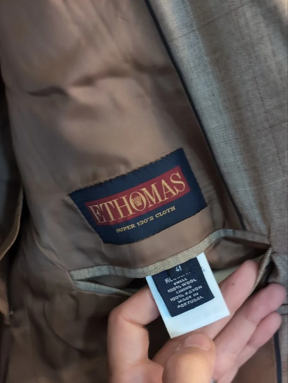 Lands End E.Thomas Super 130s Wool Suit 41R 36R Tan Plaid Italy Fabric Portugal