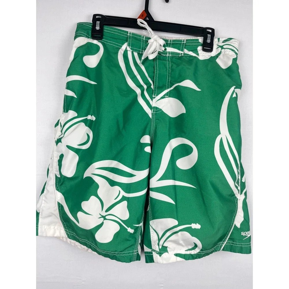 Speedo Swim Trunks Mens Floral Hibiscus Board Shorts Size M Green White