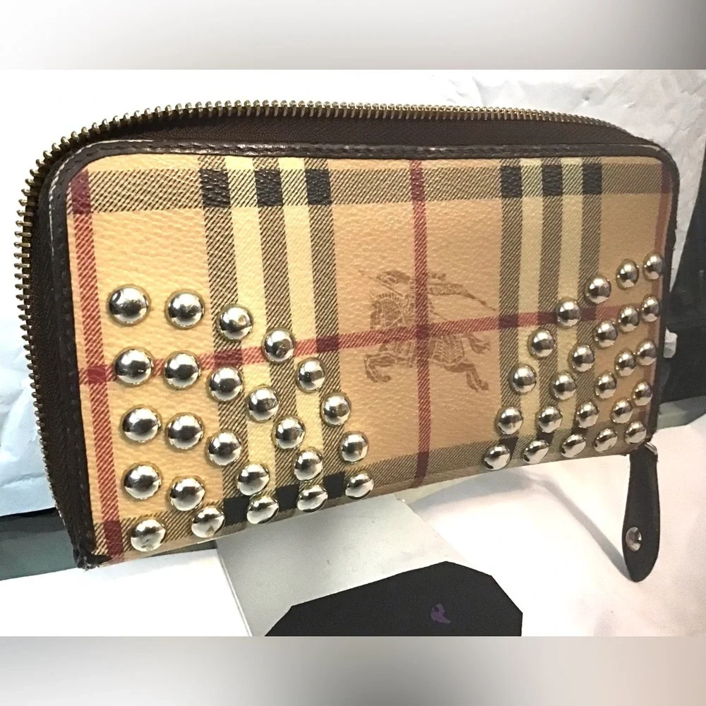 Burberry Studded Haymarket Zip Around Wallet