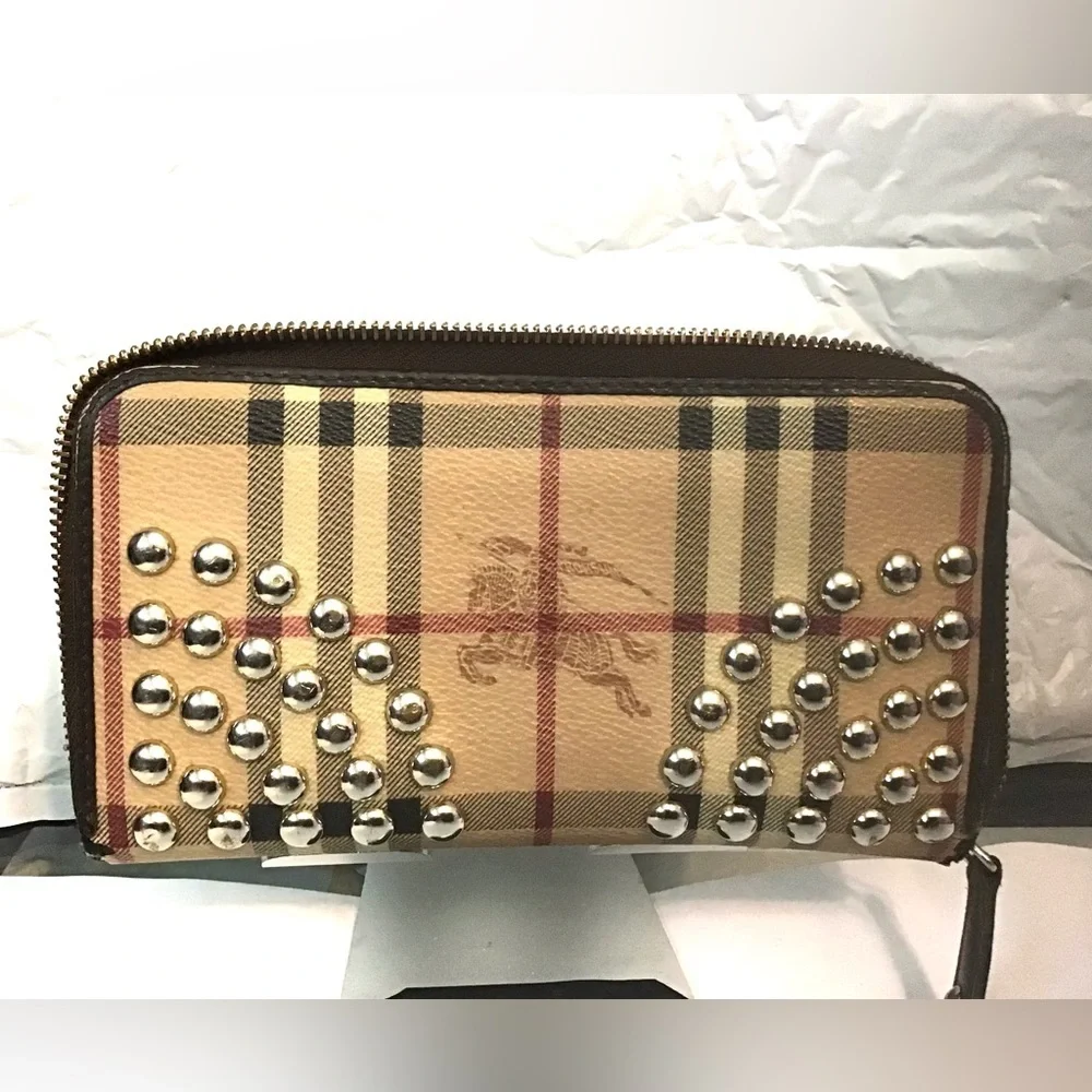 Burberry Studded Haymarket Zip Around Wallet