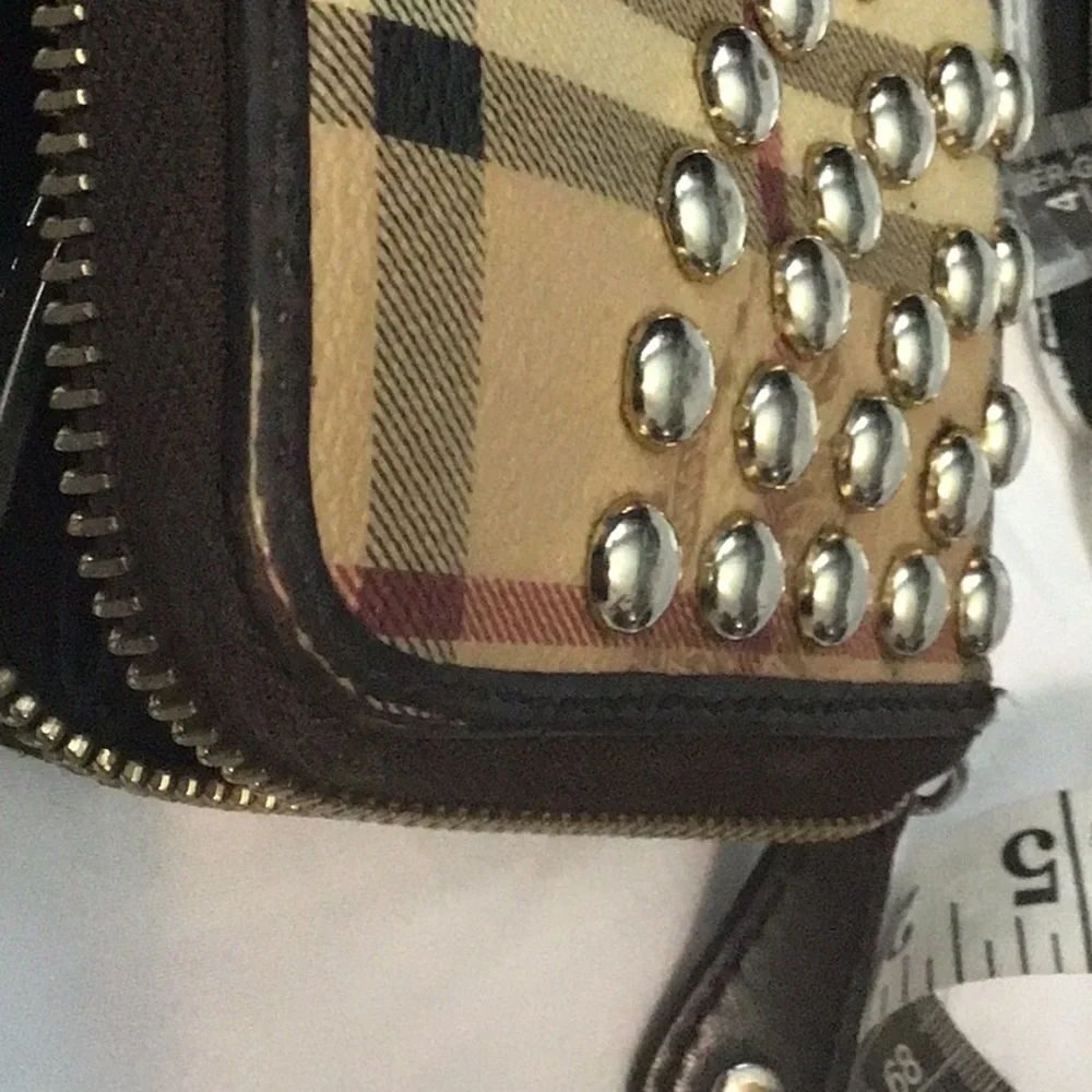 Burberry Studded Haymarket Zip Around Wallet