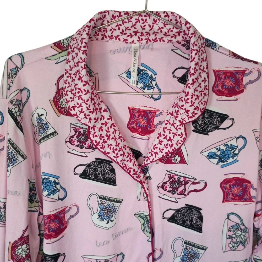 Flora Nikrooz Pink Tea Time Teacup Print Pajama Top Long‎ Sleeve Button Down M