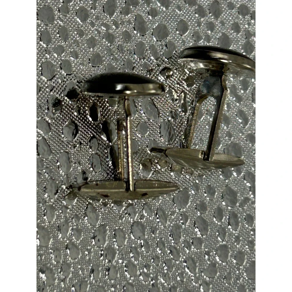 Pioneer Vintage Mens Silver Tone Black Cabochon Round Toggle Back‎ Cufflinks