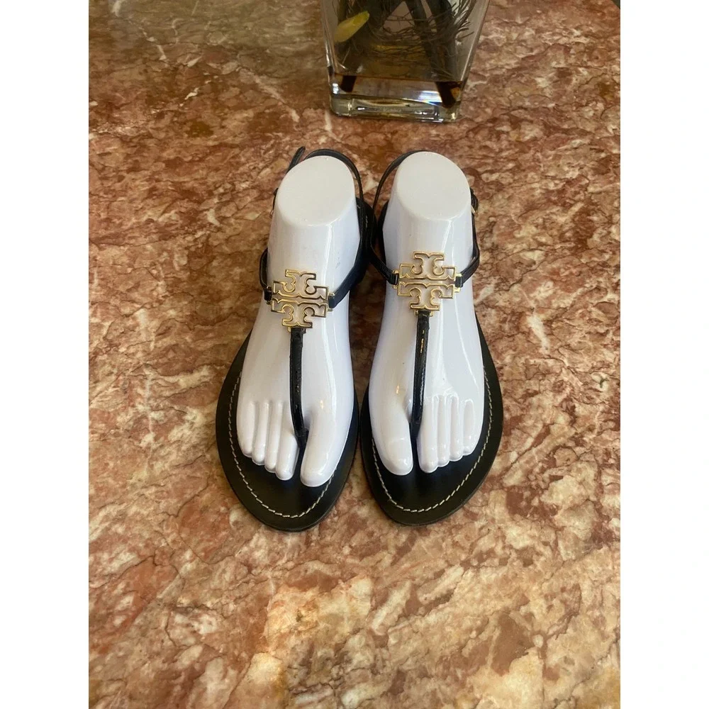 Tory Burch Melinda Black Leather Gold Logo Medallion Thong Sandal 9.5M EUC, $295
