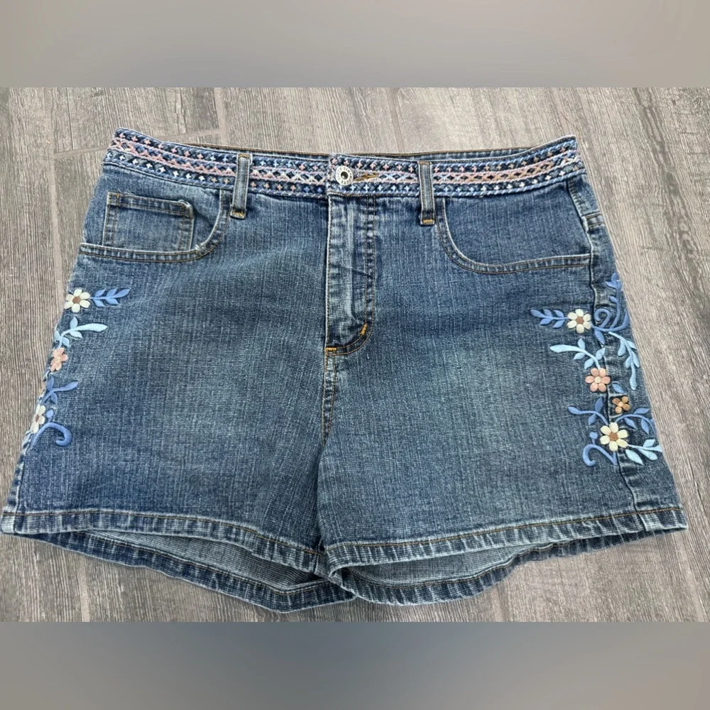 Vtg Y2K Sz 10 Shorts Embroidered Route 66 90s‎ Flowers Light Blue Wash
