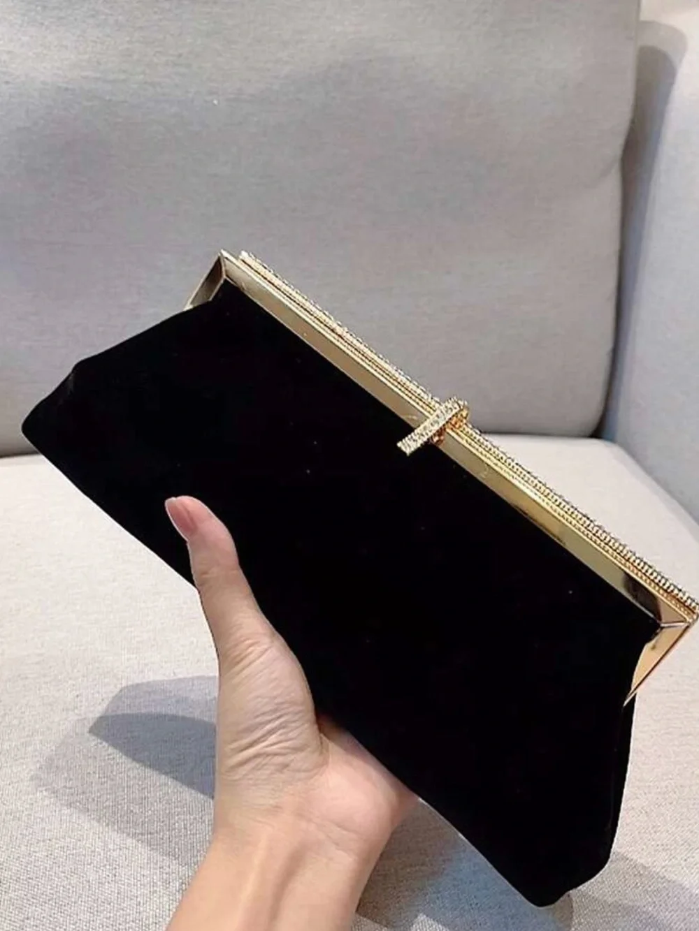 Elegant Black Velvet Clutch with Rhinestone Gold Trim