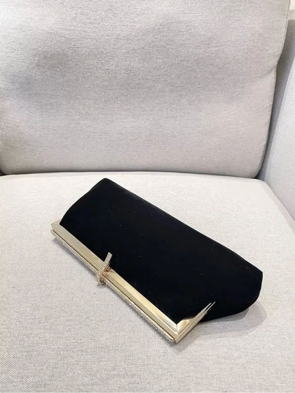 Elegant Black Velvet Clutch with Rhinestone Gold Trim